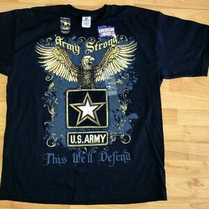 New U.S. Army Black Tee with Gold Eagle Army Strong Bayside Made In America XL